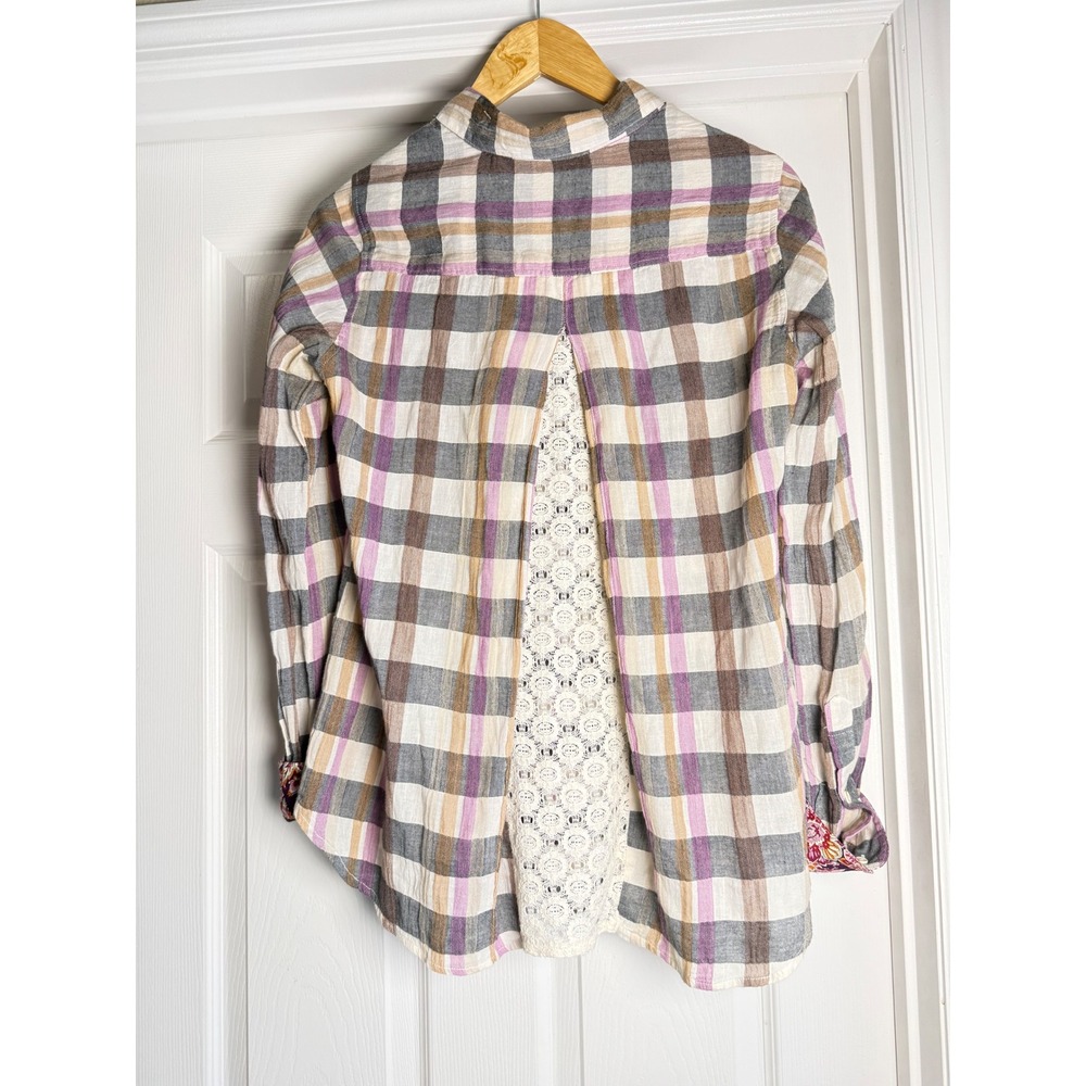 Isabella Sinclair Plaid Shirt Womens XS Purple Tan Lace Back Button Down Blouse - Picture 3 of 9